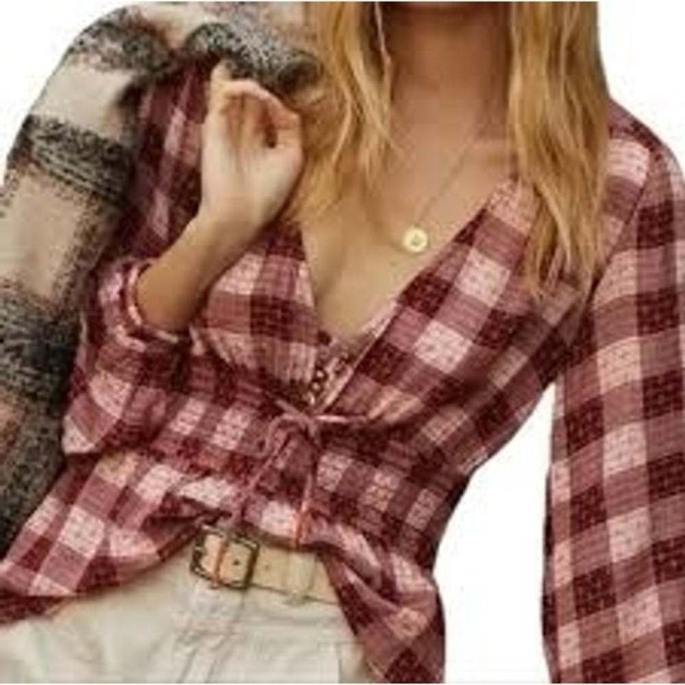 Pilcro Blouse Women Medium Red Plaid Smocked Waist V-Neck Boho Top